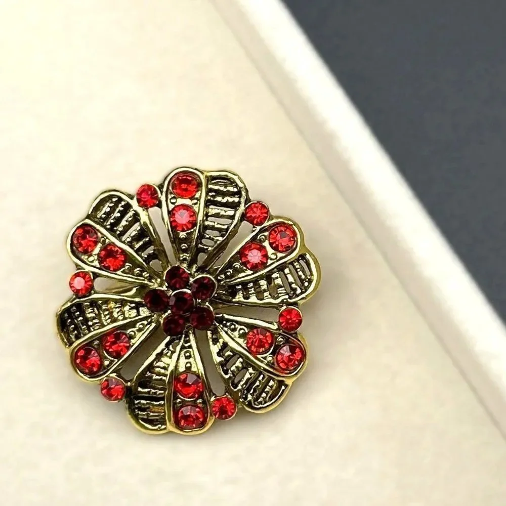 Yellow Gold with Ruby Red and Garnet Red Crystal Round Flower Pin Back Brooch